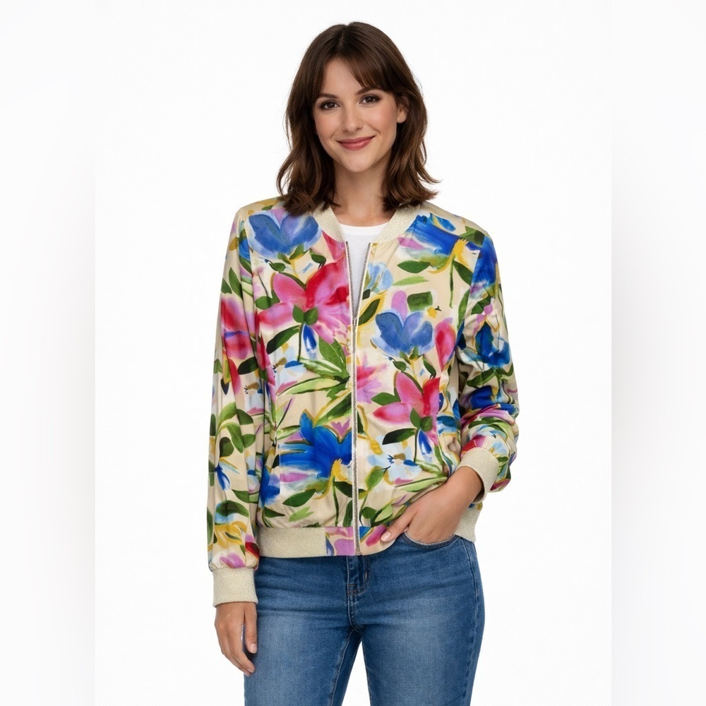 NAF NAF Paris Floral Watercolor Bomber Jacket Gold Lurex Zip Size L - Picture 14 of 14